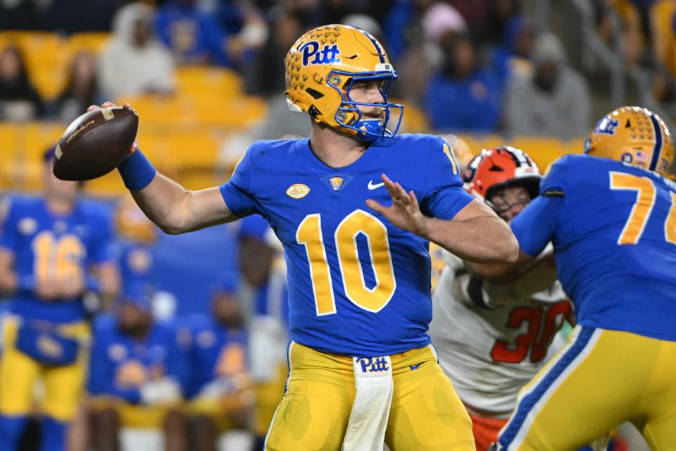 Oct 24, 2024; Pittsburgh, Pennsylvania, USA; Pittsburgh Panthers quarterback Eli Holstein (10) throws a pass during the third quarter against the Syracuse Orange at Acrisure Stadium. Mandatory Credit: Barry Reeger-Imagn Images