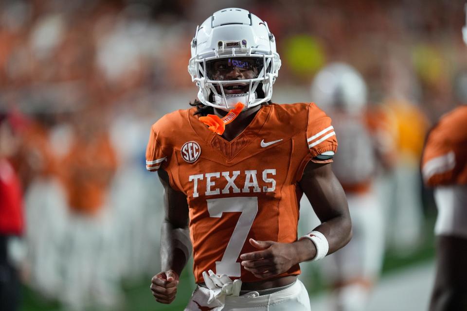 Sep 21, 2024; Austin, Texas, USA; Texas Longhorns wide receiver Isaiah Bond (7) looks over in the second half against the Louisiana Monroe Warhawks at Darrell K Royal-Texas Memorial Stadium. Mandatory Credit: Daniel Dunn-Imagn Images