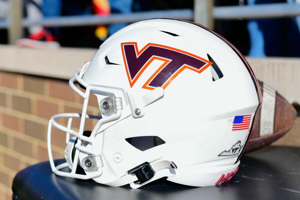 Nov 11, 2023; Chestnut Hill, Massachusetts, USA; A Virginia Tech Hokies helmet rest on a table during the first half against the Boston College Eagles at Alumni Stadium. Mandatory Credit: Eric Canha-USA TODAY Sports