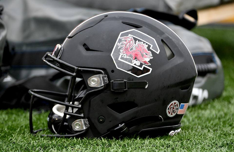 Sep 21, 2019; Columbia, MO, USA; A detail view of a South Carolina Gamecocks helmet during the second half of the game against the Missouri Tigers at Memorial Stadium/Faurot Field. Mandatory Credit: Denny Medley-USA TODAY Sports