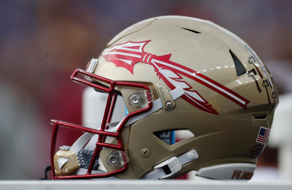 Nov 4, 2023; Pittsburgh, Pennsylvania, USA; A Florida State Seminoles helmet on the sidelines against the Pittsburgh Panthers during the second quarter at Acrisure Stadium. Mandatory Credit: Charles LeClaire-USA TODAY Sports