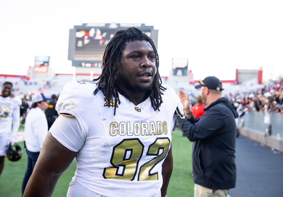 Oct 19, 2024; Tucson, Arizona, USA; Colorado Buffalos defensive tackle Anquin Barnes Jr. (92) against the Arizona Wildcats at Arizona Stadium. Mandatory Credit: Mark J. Rebilas-Imagn Images