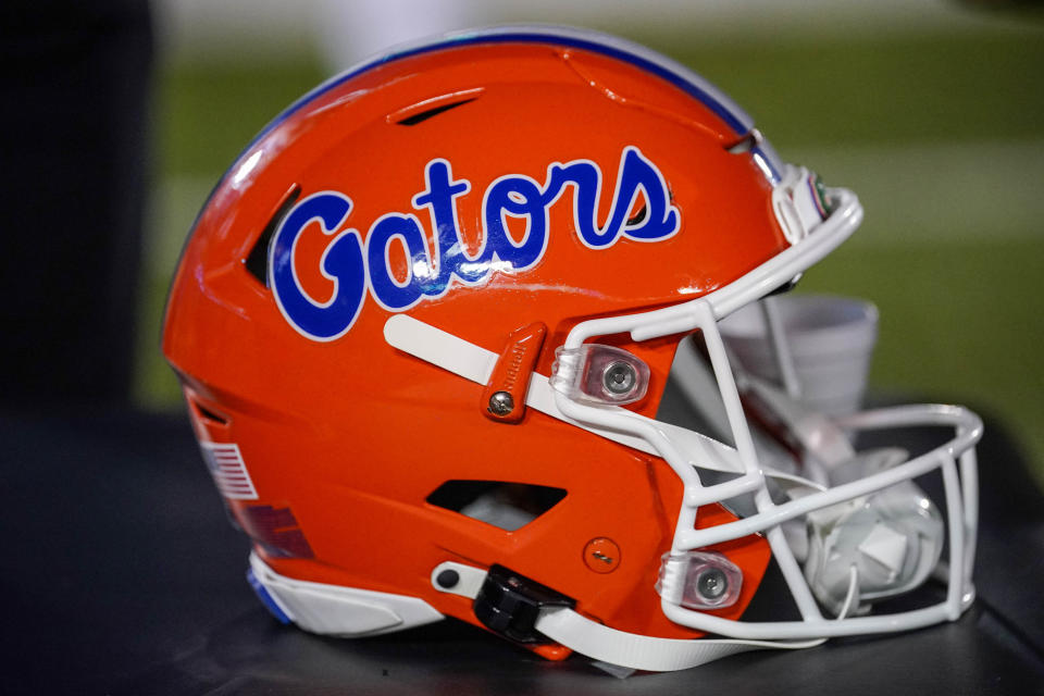 Nov 18, 2023; Columbia, Missouri, USA; A general view of a Florida Gators helmet against the Missouri Tigers during the game at Faurot Field at Memorial Stadium. Mandatory Credit: Denny Medley-USA TODAY Sports