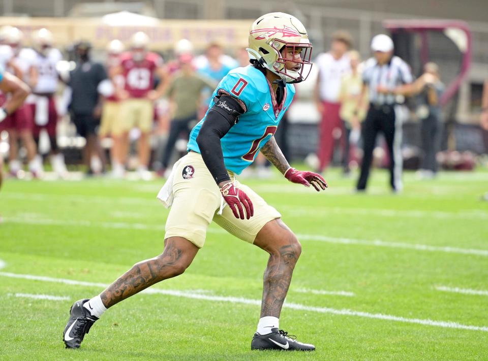 Apr 20, 2024; Tallahassee, Florida, USA; Florida State Seminoles defensive back Earl Little Jr (0) during the Spring Showcase at Doak S. Campbell Stadium. Mandatory Credit: Melina Myers-USA TODAY Sports