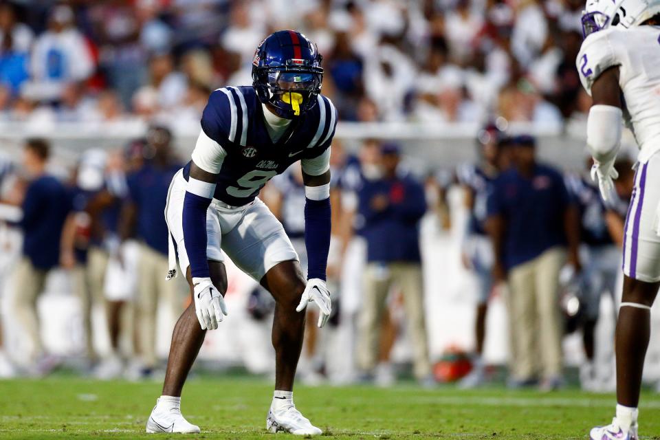 Aug 31, 2024; Oxford, Mississippi, USA; Mississippi Rebels defensive back Trey Amos (9) waits for the snap during the first half against the Furman Paladins at Vaught-Hemingway Stadium. Mandatory Credit: Petre Thomas-USA TODAY Sports