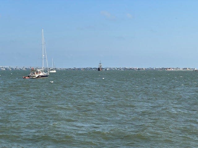 The Nao Trinidad waits in the Dolphins section the City of St. Augustine's bayfront for repairs