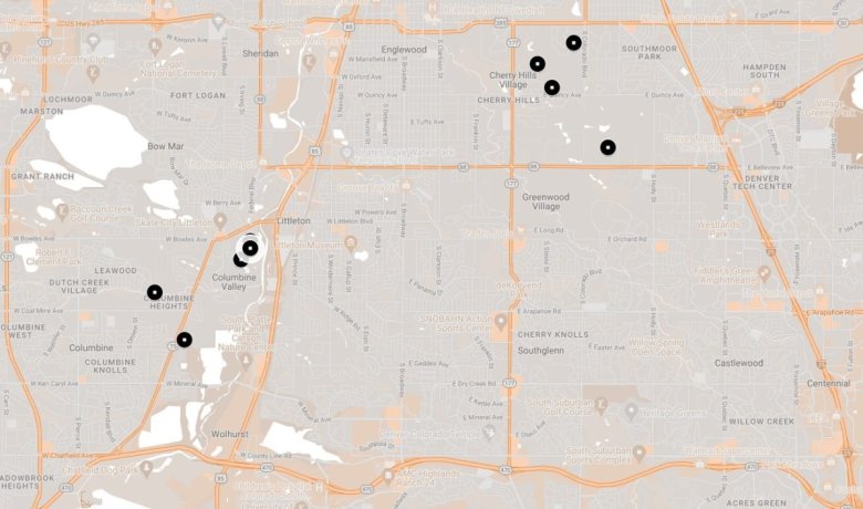 Map of the Denver area highlighting locations marked with black circles in various neighborhoods, including Littleton and Cherry Hills Village.