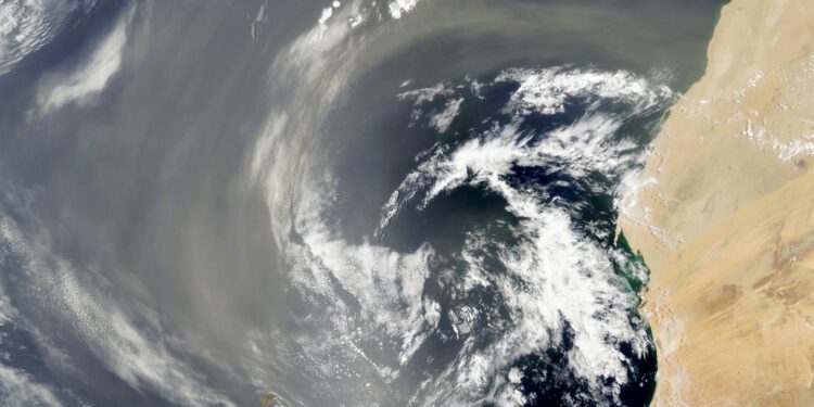 A swirl of wind over the ocean is pictured via a NASA satellite