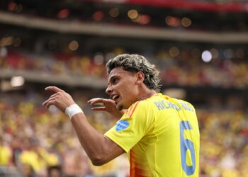 Richard Rios of Colombia celebrates after scoring the team's fourth goal during the  CONMEBOL Copa America 2024 quarter-final match between Colombi...