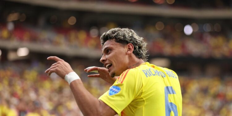 Richard Rios of Colombia celebrates after scoring the team's fourth goal during the CONMEBOL Copa America 2024 quarter-final match between Colombi...