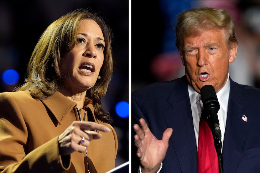 FILE - This combination of file photos shows Vice President Kamala Harris, the Democratic...