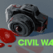 Camera with blood splatters, with the text "Civil War."