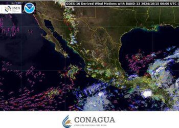 Weather map showing precipitation moving from the greater Caribbean toward Mexico's Yucatan Peninsula.