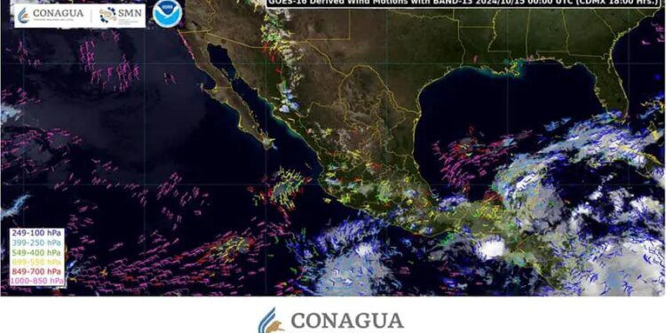 Weather map showing precipitation moving from the greater Caribbean toward Mexico's Yucatan Peninsula.