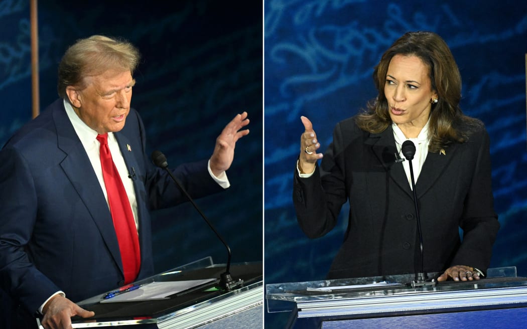 (COMBO) This combination of pictures created on September 10, 2024 shows
former US President and Republican presidential candidate Donald Trump (L) and US Vice President and Democratic presidential candidate Kamala Harris  participating in a presidential debate at the National Constitution Center in Philadelphia, Pennsylvania, on September 10, 2024. 

US Vice President and Democratic presidential candidate Kamala Harris speaks during a presidential debate with former US President and Republican presidential candidate Donald Trump at the National Constitution Center in Philadelphia, Pennsylvania, on September 10, 2024. (Photo by SAUL LOEB / AFP)