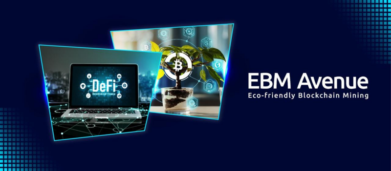 Banner image of EBM Avenue, showing Sustainable Decentralized finance (defi) and Bitcoin in a green plant pot resembling eco friendly crypto mining