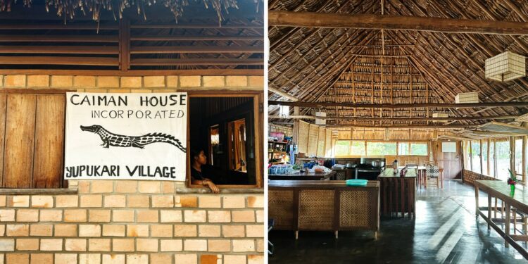 Left: a sign featuring an illustration of a caiman; right: a main lodge building with open walls and a high woven ceiling