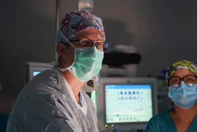 Dr. Erin Stevens watches the screen while performing laparoscopic surgery in Bolivia.