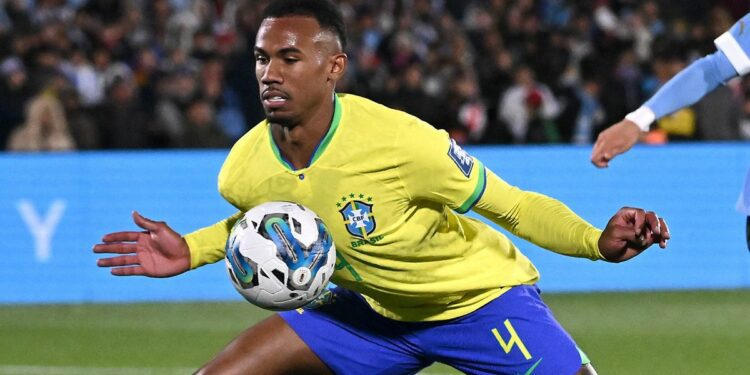 Gabriel Magalhães of Brazil controls the ball during a FIFA World Cup 2026 Qualifier ahead of the Chile vs Brazil live stream