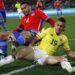 Gabriel Suazo (L) competes for the ball with Rafael Santos Borre (R) during Chile vs Colombia.