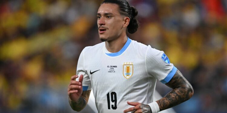 Darwin Nunez #19 of Uruguay runs the pitch ahead of the Peru vs Uruguay FIFA World Cup 2026 qualifier