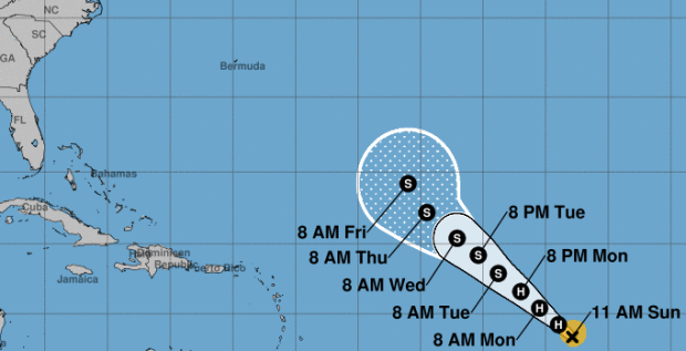 The forecast cone for Hurricane Leslie as of 11 a.m. Sunday, Oct. 6, 2024. (National Hurricane Center/Courtesy)