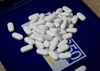 Tablets of the opioid-based Hydrocodone at a pharmacy in Portsmouth