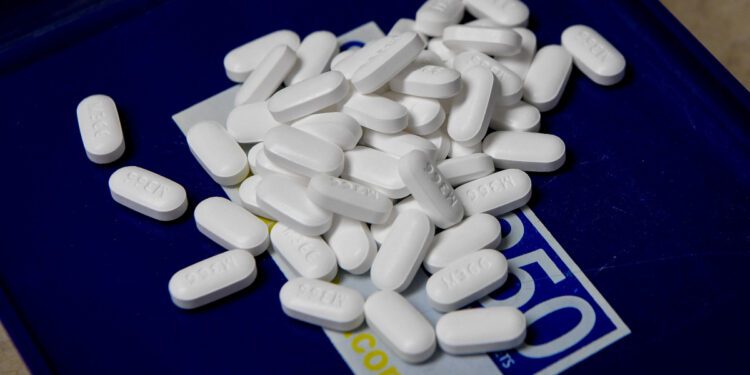 Tablets of the opioid-based Hydrocodone at a pharmacy in Portsmouth