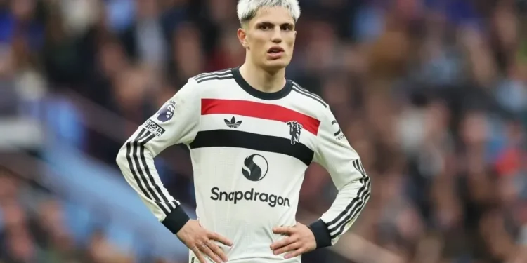 Alejandro Garnacho of Manchester United reacts during the Premier League match between Aston Villa FC and Manchester United FC at Villa Park on October 06, 2024 in Birmingham, England. (Photo by Carl Recine/Getty Images)