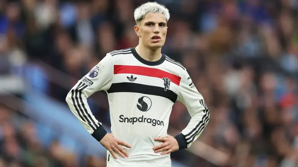 Alejandro Garnacho of Manchester United reacts during the Premier League match between Aston Villa FC and Manchester United FC at Villa Park on October 06, 2024 in Birmingham, England. (Photo by Carl Recine/Getty Images)