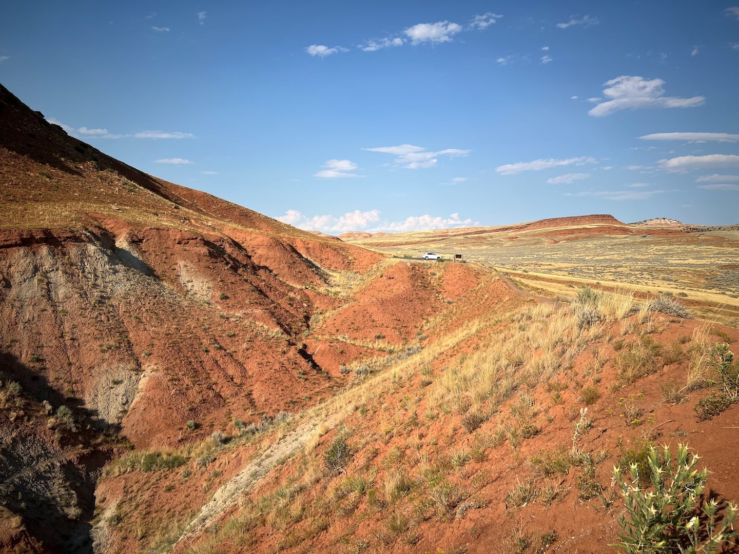 Iron-rich soil around Thermopolis, Wyo., gives the low hills and buttes a red hue.