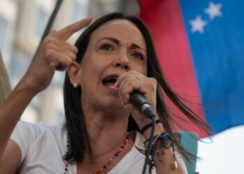 Venezuelan opposition leader María Corina Machado speaks to supporters during a demonstration on the anniversary of the 1958 uprising that overthrew a military dictatorship, at the Altamira square in Caracas on January 23, 2024.