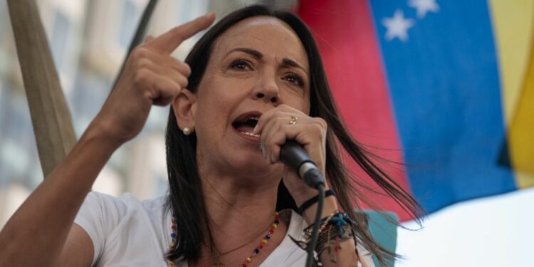Venezuelan opposition leader María Corina Machado speaks to supporters during a demonstration on the anniversary of the 1958 uprising that overthrew a military dictatorship, at the Altamira square in Caracas on January 23, 2024.