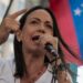 Venezuelan opposition leader María Corina Machado speaks to supporters during a demonstration on the anniversary of the 1958 uprising that overthrew a military dictatorship, at the Altamira square in Caracas on January 23, 2024.