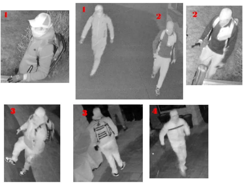 Surveillance images reveal four individuals, each in separate frames labeled 1 to 4, walking outdoors at night. Dressed in jackets, hats, and backpacks, their actions have sparked concern over potential immigration crime activities.