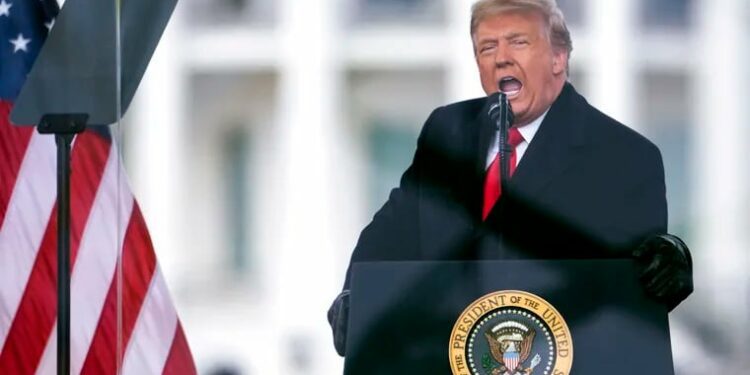 Donald Trump speaks during a rally protesting the Elector College certification of Joe Biden's win in the 2020 presidential race in Washington on Jan. 6, 2021.