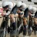 Great Britain Women&#039;s Team Pursuit cycle all in a line at the UCI Track World Championships 2024.