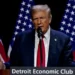 Republican presidential nominee and former US President Donald Trump addresses the Detroit Economic Club in Detroit, Michigan, U.S., October 10, 2024.