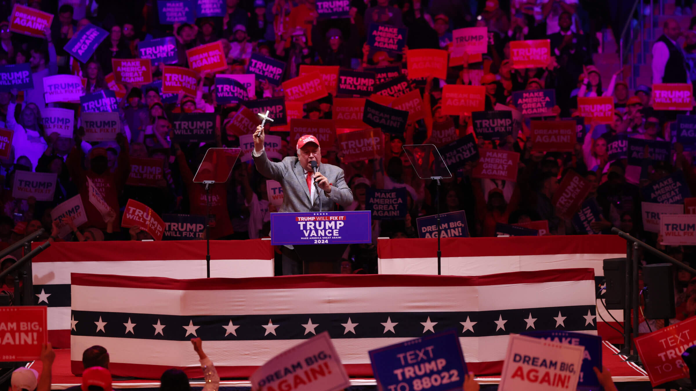 David Rem, former candidate for U.S. Congress, speaks before Donald Trump takes the stage at Madison Square Garden.