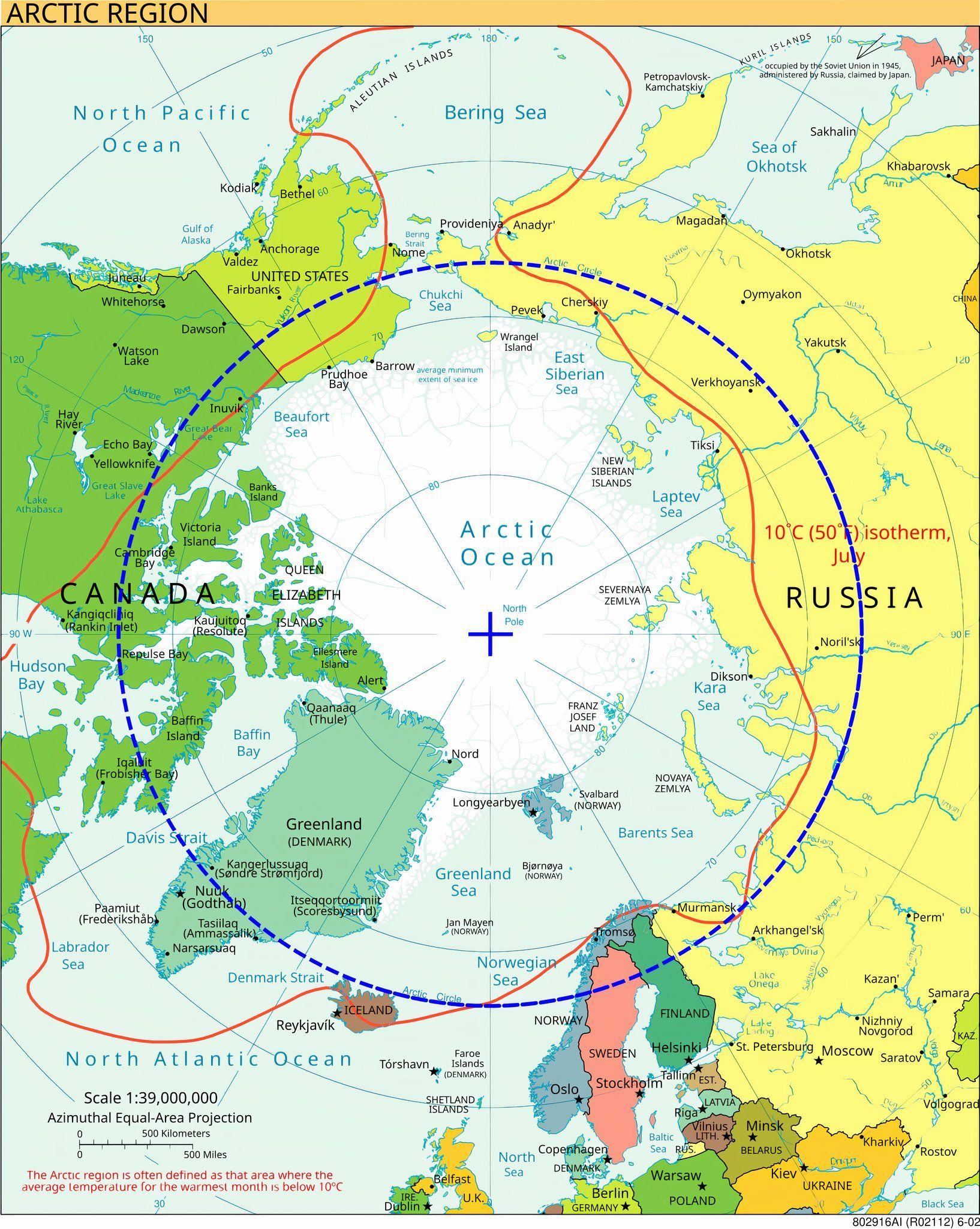 The Arctic Circle, roughly 67° north of the Equator, defines the boundary of the Arctic waters and lands