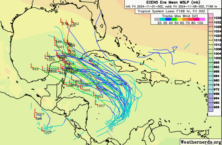 Track forecasts through Thursday, Nov. 7, from the 0Z Friday, Nov. 1, run of the European ensemble model.