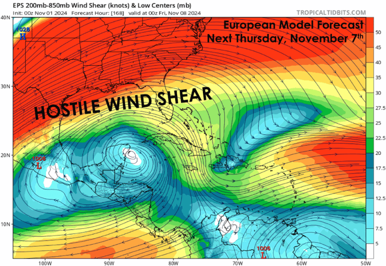 Map of the southern U.S. and Central America showing a large area of hostile wind shear blanketing the U.S. and northern Mexico