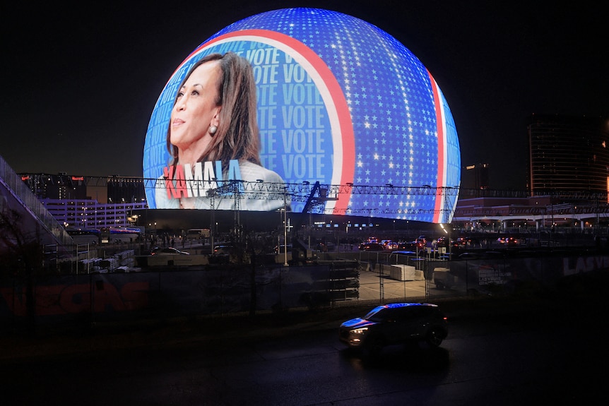 Kamala Harris's face on spherical LED walls 