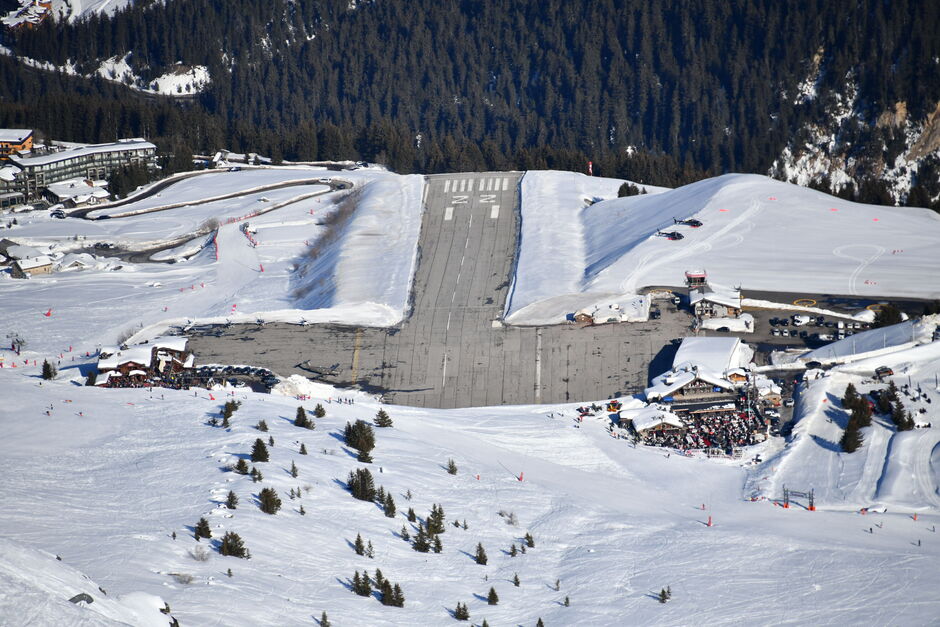 Aerial view of Courchevel airport by winter