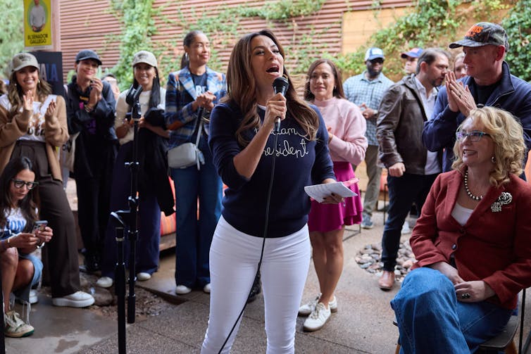 Actress Eva Longoria speaking to voters at a Kamala Harris rally.