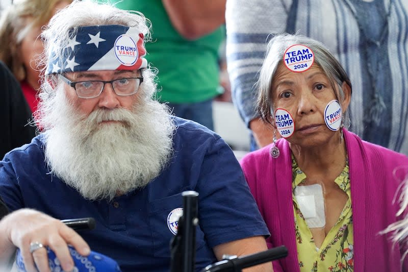 Supporters of former Republican President Donald Trump listen to Donald Trump Jr. speak prior to Republican vice presidential nominee Sen. JD Vance, R-Ohio, taking the stage at a campaign event Saturday, Nov. 2, 2024, in Scottsdale, Ariz. | Ross D. Franklin