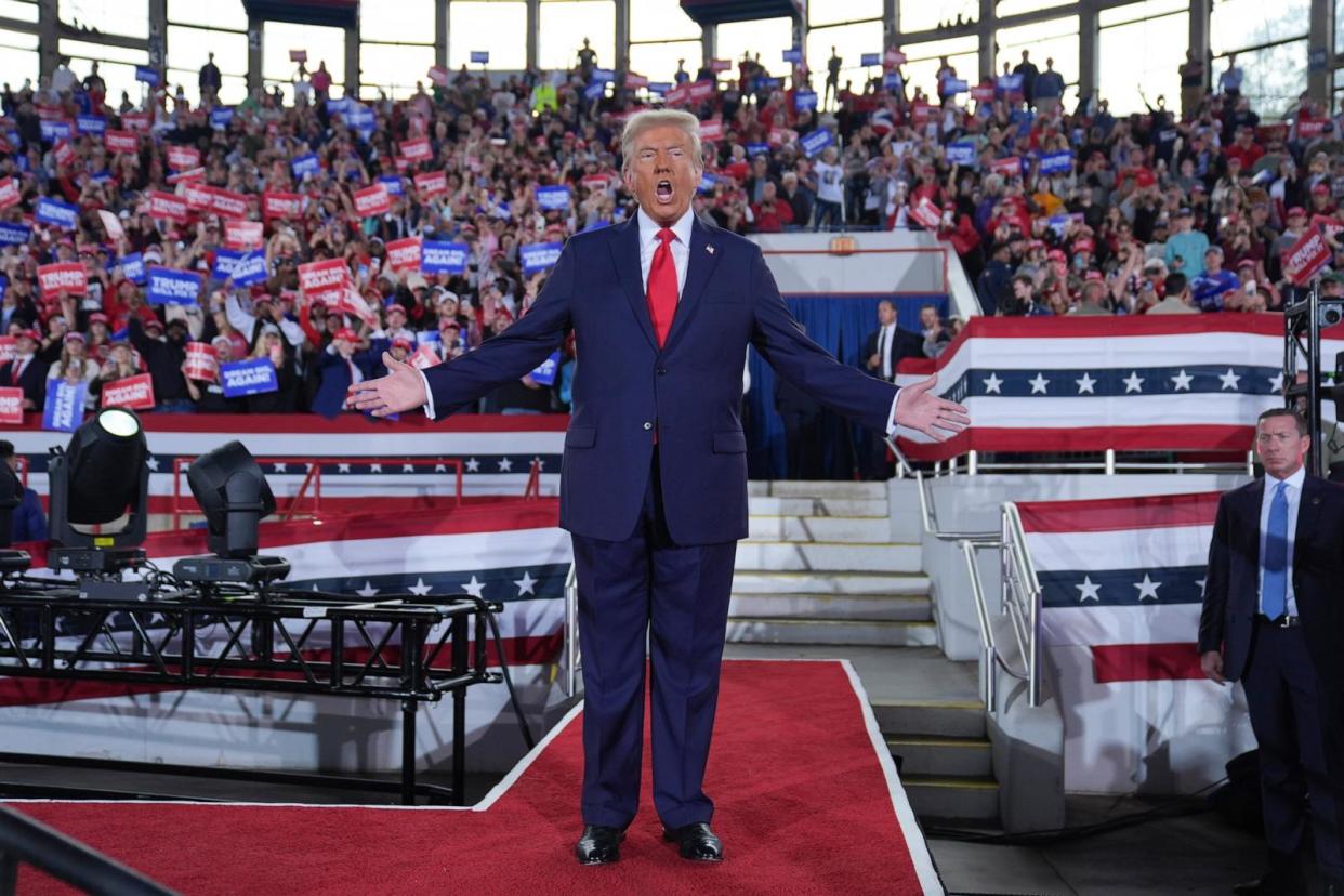 PHOTO: Republican presidential nominee former President Donald Trump arrives to speak at a campaign rally at J.S. Dorton Arena, Monday, Nov. 4, 2024, in Raleigh, N.C. (Evan Vucci/AP)