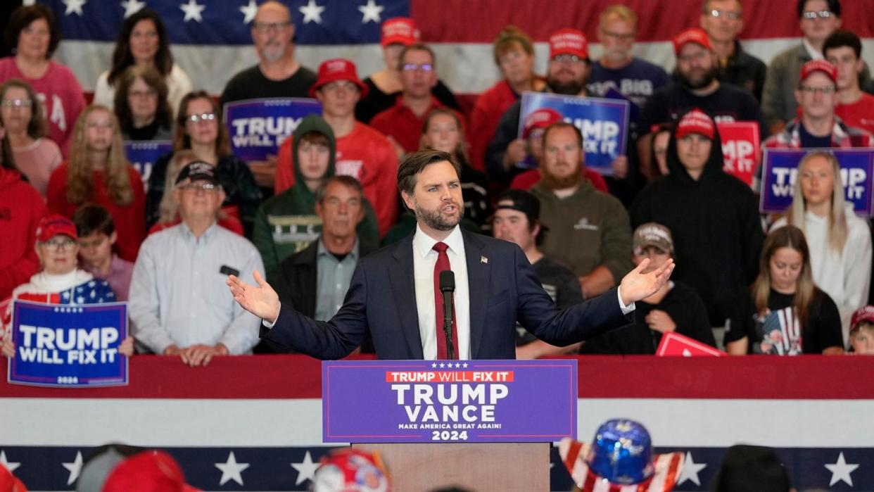 PHOTO: Republican vice presidential nominee Sen. JD Vance, R-Ohio, speaks at a campaign event, Nov 4, 2024, in LaCrosse, Wis.  (Morry Gash/AP)