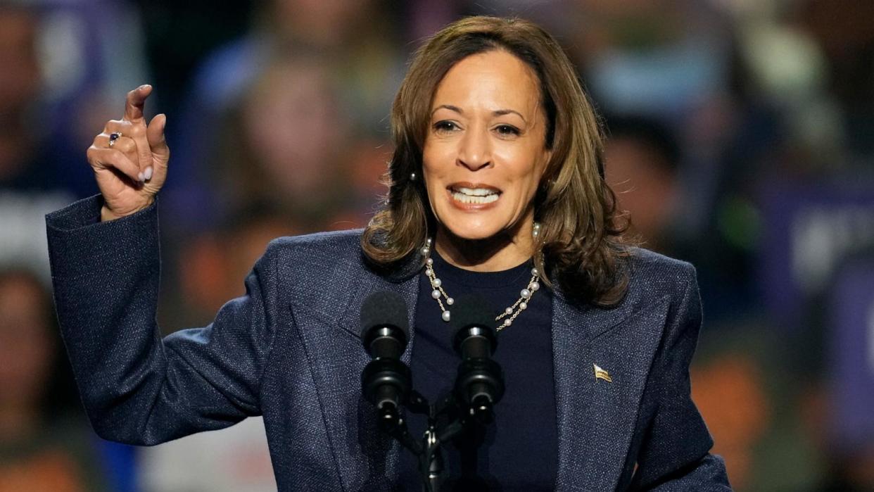 PHOTO: Democratic presidential nominee Vice President Kamala Harris speaks during a campaign rally at Jenison Field House on the campus of Michigan State University, Nov. 3, 2024, in East Lansing, Mich.  (Paul Sancya/AP)