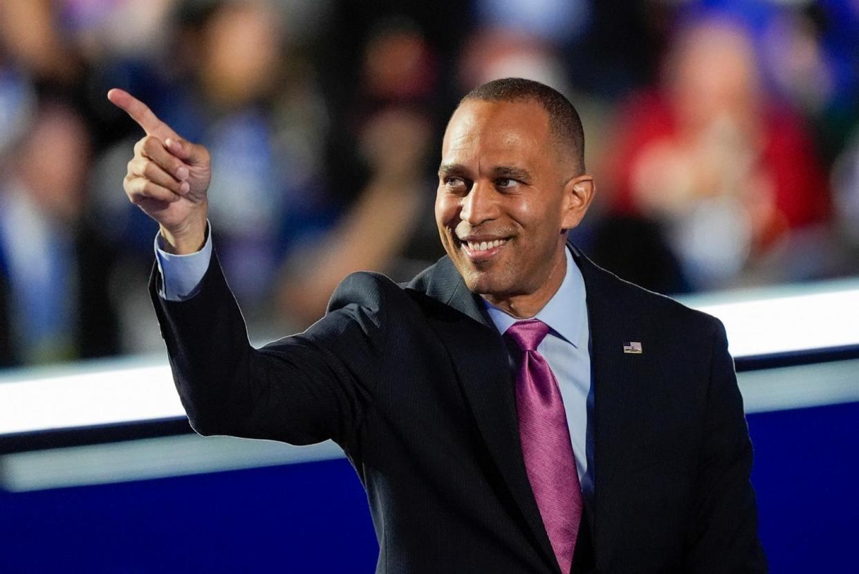 PHOTO: House Minority Leader Hakeem Jeffries is pictured during the Democratic National Convention on Aug. 21, 2024, in Chicago. (Charles Rex Arbogast/AP)